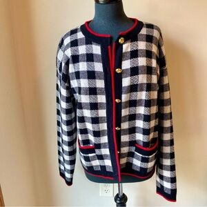 CHARTER CLUB 100% Cashmere Cardigan Sweater Plaid Button Front Black Red White